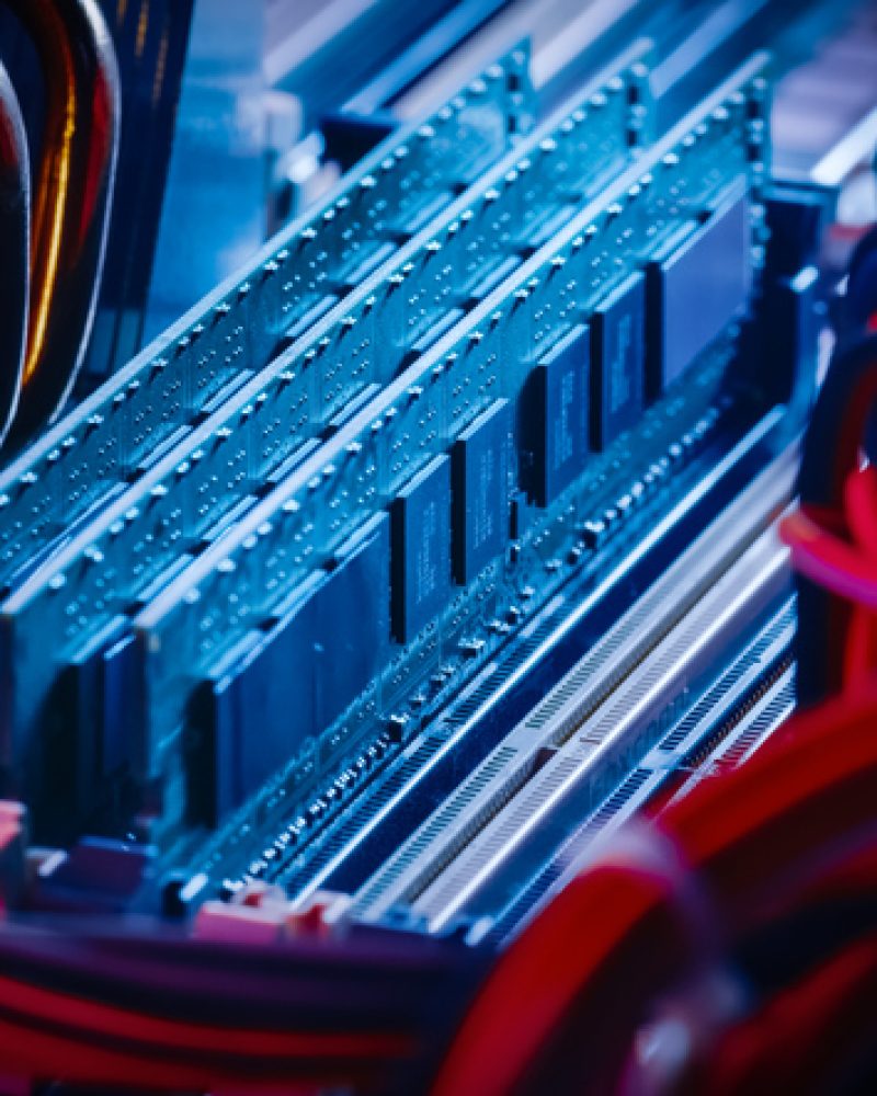 Close-up Macro Shot of Installed RAM Memory in Computer Motherboard Slot. Technically Advanced PC / Server System. Modern High-End PC Shot in Stylish Neon, Pink-Blue Colors.